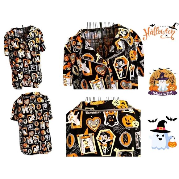 Munki Munki Halloween Pajama Top Large Short Sleeves Button Werewolf Witch Ghost - Picture 8 of 12